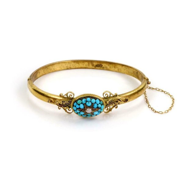 Victorian Turquoise 14k-15k YGold Bangle Bracelet - Picture 1 of 4